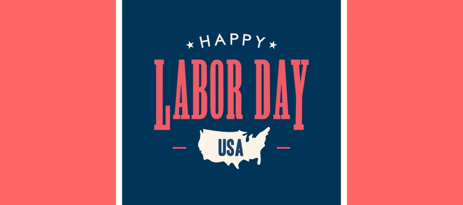 Pink and blue graphic stating "Happy Labor Day USA" and including an outline of the country